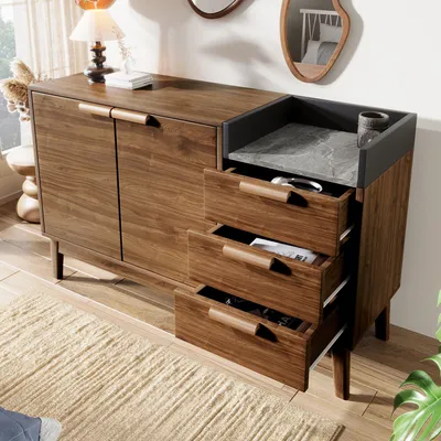 Produktbild von Flieks Kommode Wohnzimmerschrank mit Schubladen und offenem Staufach, Anrichte Sideboard mit Tür und verstellbaren Einlegeböden, Oak