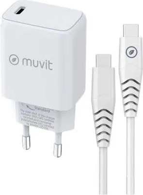 Imagen del producto de Cargador de pared Muvit, tipo C, con tecnología PD de 25W, más cable tipo C a tipo C de 3A y 1 metro de longitud, color blanco