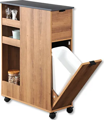 Produktbild von KESPER Servierwagen Nischenregal braun Holzdekor – 60x25x86cm – mit Abfalleimer & Rollen – schmaler Küchenwagen für Müll, Vorräte & Ordnung – 2485113