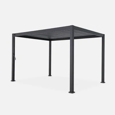 A dark gray pergola with a slatted roof stands on a light gray background.