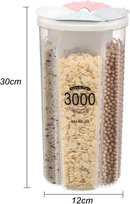 Obrázek produktu pro Unyqoos® vzduchotěsná nádoba na skladování – plastová nádoba s těsněním, objem 3000 ml, 4 přihrádky, 4 barvy, bez BPA, ideální pro mouku, cukr, rýži