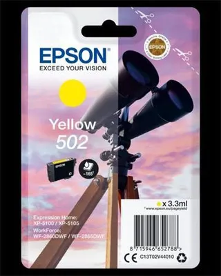 Obrázek produktu pro Epson Singlepack Yellow 502 Ink, Standardní výtěžnost, Žlutá, Inkoust na pigmentové bázi, 3,3 ml, 1 kusů, 165 str.