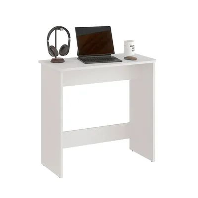 A white desk with a laptop, headphones, and a mug on it, against a white background.