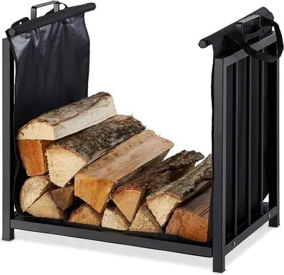 Produktbild von Famanu Holzlagerung Moderne Holzaufbewahrung aus Stahl mit Holztrage Tasche 50x51x37 cm schwarz
