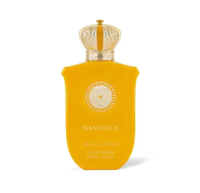 A yellow perfume bottle with a gold crown-shaped cap, set against a white background.