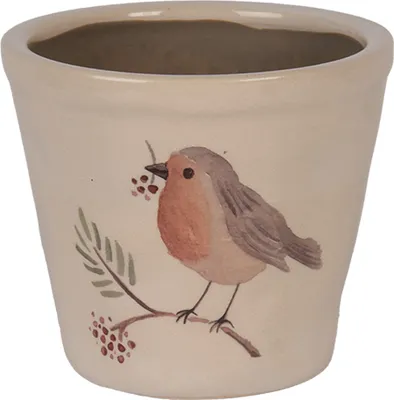 Productafbeelding van Clayre & Eef bloempot, diameter 21 cm, hoogte 20 cm, beige keramiek, met vogelmotief