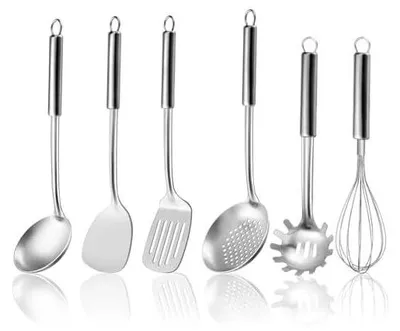 Produktbild von Edelstahl Kochutensilien Set 6-teiliges, kochlöffel mit aufhängbarer Griff, Spatel, Pfannenwender, Suppenkelle, Schaumlöffel, Schneebesen, Nudelserver