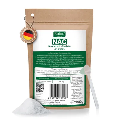 Produktbild von NAC Pulver 160g pro Beutel - N Acetyl L Cystein in hoher Bioverfügbarkeit - RAIBU