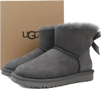 A pair of grey UGG boots are shown in front of a brown UGG branded box.