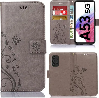 Produktbild von Handy Tasche für Samsung Galaxy A53 5G Schutz Hülle Handyhülle mit Blumenmuster Klapp Hülle mit Standfunktion und Kartenfächer Grau