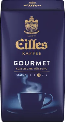 A bag of Eilles Kaffee Gourmet Café coffee beans with a steaming cup of coffee depicted at the bottom.