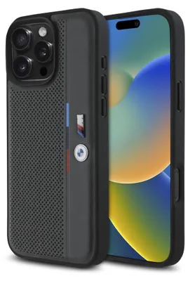 A dark gray BMW M branded phone case is shown next to an iPhone.