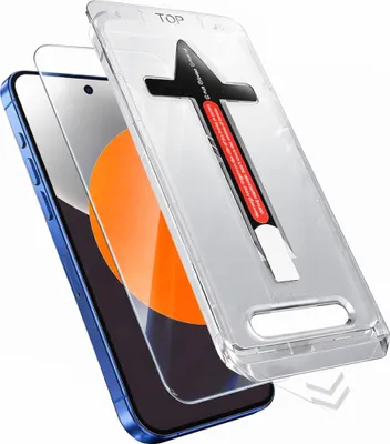 A phone screen protector being installed using an alignment frame.
