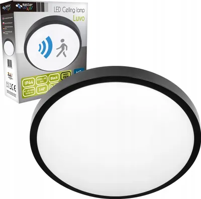 The image shows a product box and the product itself, a black LED ceiling lamp with a white diffuser.