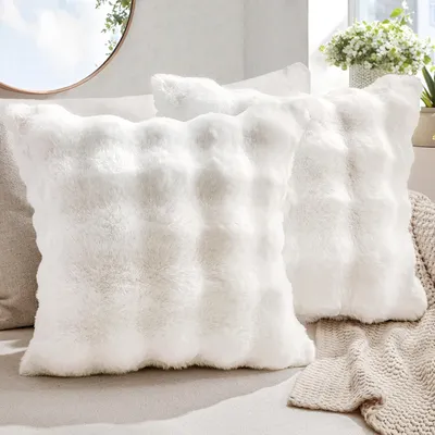 Produktbild von Plüschkissenbezug 60 x 60 cm, weicher Sofakissenbezug aus doppelseitiger Kurzwolle, r quadratischer Dekokissenbezug für Sofa und Schlafzimmer, waschbar, weiß, 2er-Set
