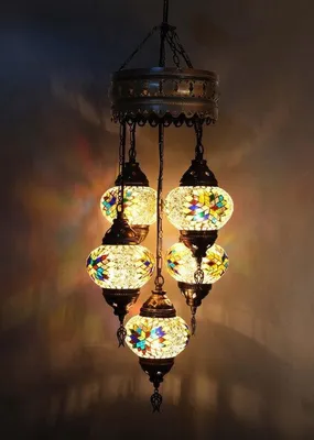 Produktbild von 5-globige türkische Hängelampe, orientalische Kronleuchter mit Mosaikglas, handgefertigt, warmes Licht