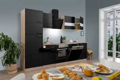Produktbild von Küche Küchenzeile Küchenblock Einbauküche Eiche Schwarz Merle 280 cm Respekta