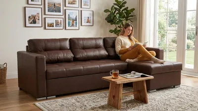 Produktbild von Ecksofa VARIUS Boston – mit Schlaffunktion, Kunstleder in Braun, Family Meble, KI-generiertes Bild