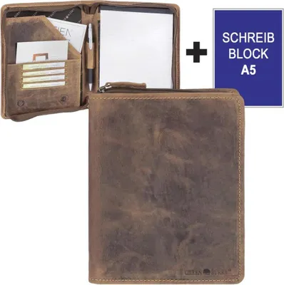 Produktbild von Greenburry Schreibmappe A5 Leder braun mit Reißverschluss Handwerkermappe Notizmappe (antik Look) inkl. Briefblock 1633-25-S