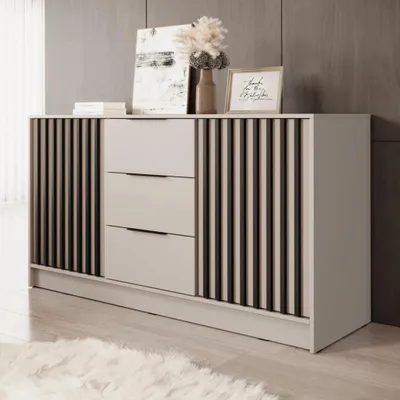 Produktbild von Kommode Stilo Kaschmir Beige mit Lamellen – 155 cm, 2 Türen, 3 Schubladen, Trend Sideboard
