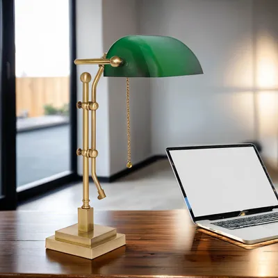 Produktbild von Bankerlampe Messing massiv Glas 49 cm in Bronze hell Grün E27 Jugendstil Tischleuchte