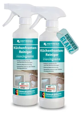 Produktbild von HOTREGA Küchenfronten Reiniger Hochglanz 2x 500ml | pH-neutral, fettlösend & streifenfrei | für lackierte, folierte & glänzende Oberflächen