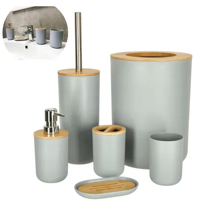 Produktbild von 6-Teiliges Badezimmer-Set: Seifenspender, Seifenschale, Zahnputzbehälter & WC-Bürste - Grau