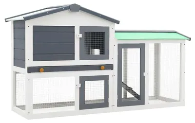Image de Cage pour petits animaux : poulailler, cage pour lapins, cage pour cobayes, avec enclos extérieur et zone de jeu, en bois, pour lapins, poules, cobayes, de couleur grise et blanche