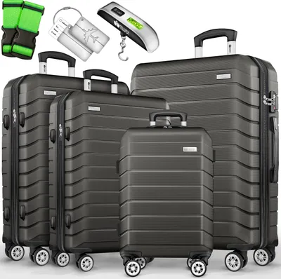 Produktbild von tillvex® Reisekoffer Set 4-TLG. + Gepäckwaage, 8X Koffergurte & 4X Kofferanhänger | Kofferset 4 Rollen | Trolley Gepäck Koffer TSA Schloss | Rollkoffer Hartschalenkofferset S-M-L-XL (Anthrazit)