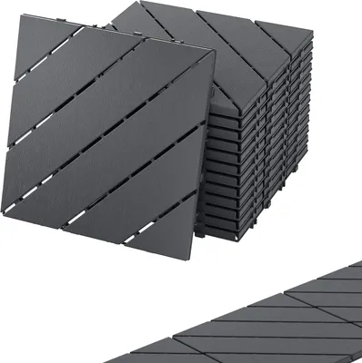 Produktbild von UISEBRT 55 Stück Holzoptik Balkonfliesen Terrassenfliesen 30x30cm Dekorative Kunststofffliesen für Terrasse Klickfliesen Bodenbelag Balkonfliese Wasserfeste Pflegeleichte - 5m² Anthrazit schräg Typ