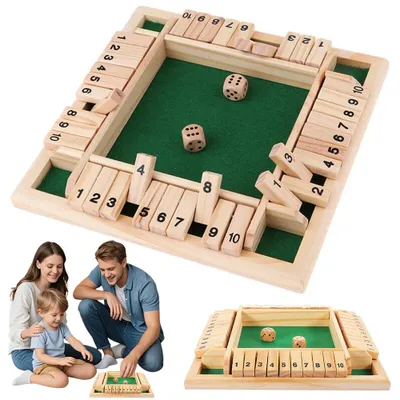 Produktbild von Juksun Shut The Box 10er, Reisespiel für 2 bis 4 Spieler, Spielbrett mit 8 Würfeln, Klappenspiel, Holz, natur/grün