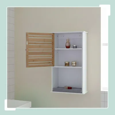 Image de Armoire murale de salle de bain, porte en bambou, étagères réglables