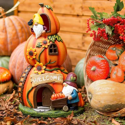 Immagine prodotto di Decorazione da giardino casetta di zucca con luce solare, decorazione autunnale resistente alle intemperie in resina sintetica