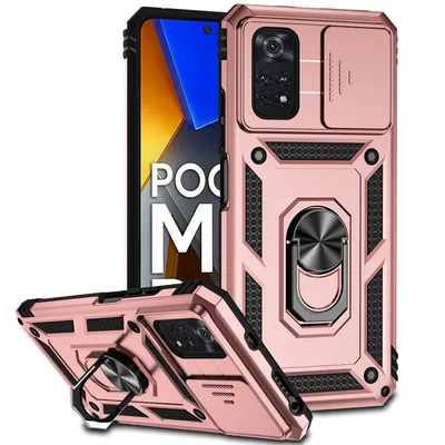 Immagine prodotto di Custodia per Xiaomi Poco M4 Pro 4G a doppio strato con copertura scorrevole della fotocamera e supporto ad anello Rosa