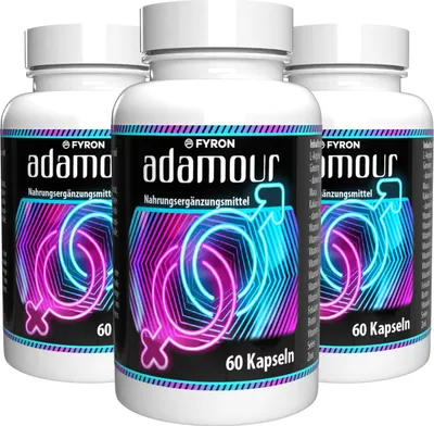Produktbild von Adamour - 180 Kapseln (3x60) hochdosiert - L-Arginin, Zink, Selen, Maca & Ginseng - Original Schweizer Rezept - Vegan & Pflanzlich - 3er Pack