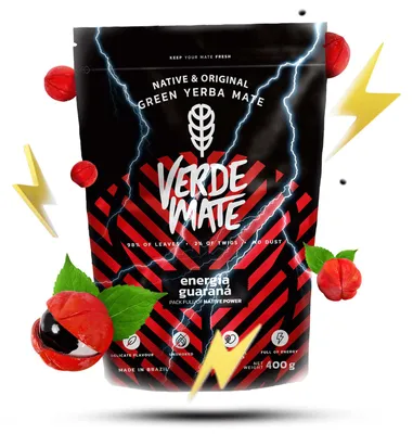 Produktbild von Verde Mate - Mate Tee Energia Guarana 400g - Dicke Blätter 5mm - Starker Wachmacher - Mit Guarana & Goji - Luftgetrocknet, Mild