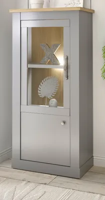 Produktbild von Vitrine "Rideau" in grau und Eiche Landhaus Vitrinenschrank 68 x 142 cm