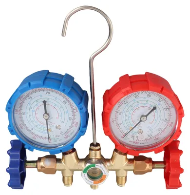 Image de Manomètres pour climatisation, kit de manomètres pour circuit de climatisation (R134a, R32, R22, R410A), kit de manomètres automobiles à 3 voies avec adaptateurs pour flexibles