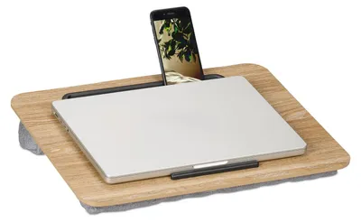 Zdjęcie produktu dla Podkładka pod laptopa - Stolik na kolana z uchwytem na telefon - 42 x 32 cm - Naturalny szary