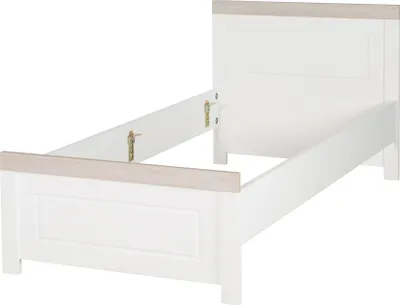 A white and wood-toned single bed frame against a white background.
