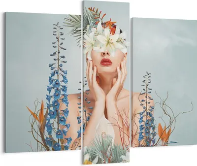 Produktbild von Bild auf Leinwand - Leinwandbild - 3 Teile - Surreal Frau Blumen - 95x80cm - Wand Bild - Wanddeko - Wandbilder - Leinwanddruck - Bilder - Wanddekoration - Leinwand bilder - Wandbild - CB95x80-4818