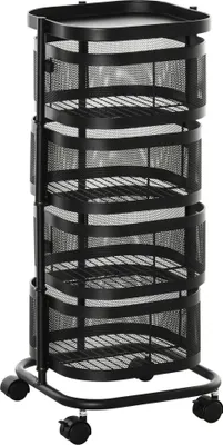 Obrázek produktu pro Úložný vozík - Vozík - 5 úrovní - 4 otočné koše 270° - Kovový - S kolečky - 33x33x77 cm - Černý