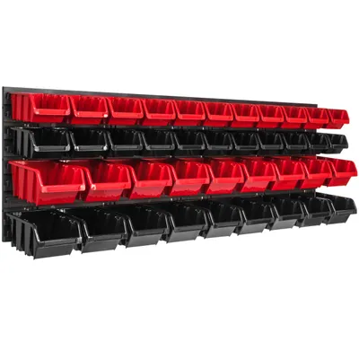 Zdjęcie produktu dla Panel narzędziowy naścienny 115,2 x 39 cm z 40 szt. Pudełka wiszące Czerwone i czarne Pudełka sztaplowane