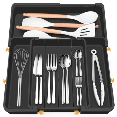 Imagen del producto de Caja organizadora multidireccional para cubiertos, ideal para cajones, con 4-7 compartimentos ajustables, perfecta para guardar cubiertos y utensilios de cocina en el cajón de la cocina