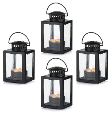4er-Set Vintage Laternen für Teelichter, schwarz, Glas/Metall