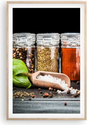 Produktbild von Gerahmtes Poster - Rahmen in heller Eiche - Gewürze Knoblauch Holz Salz - 61x91,5 cm - Wand Bild - Wanddeko - Wandbilder - Wandposter - Bilderrahmen - Bilder - Kunstdruck - Wandbild - P2NPA61x91-2896