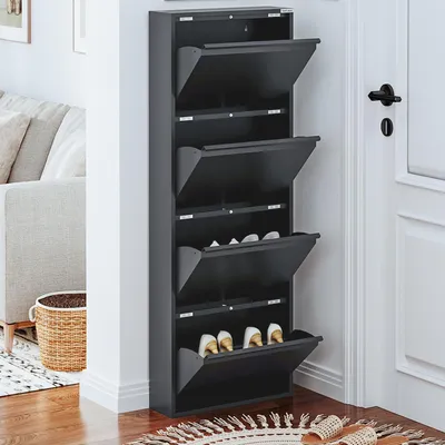 Produktbild von VEEHAUS Schuhregal Schmal Metall Schuhschrank Hoch Schuhkipper mit Magnetische Abdeckung Metall Montiert Schuhschrank Schmal und Wandmontage (Schwarz, 4 Klappen)