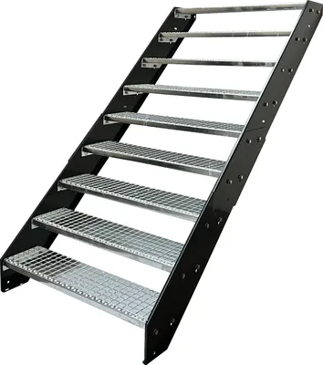 A set of metal stairs against a white background.