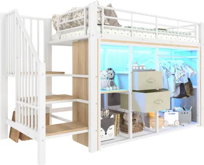 Produktbild von Hochbett mit Kleiderschrank, LED-Streifen, Lattenrost, Treppe und Rausfallschutz, 90x200cm, Kinderbett, Metallbett