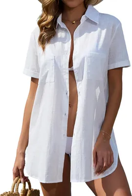 Produktbild von Leichtes, kurzes Baumwollhemd für Damen mit kurzen Ärmeln, Reverskragen und Knopfleiste, geeignet als Strandkleid oder Überwurf für den Bikini